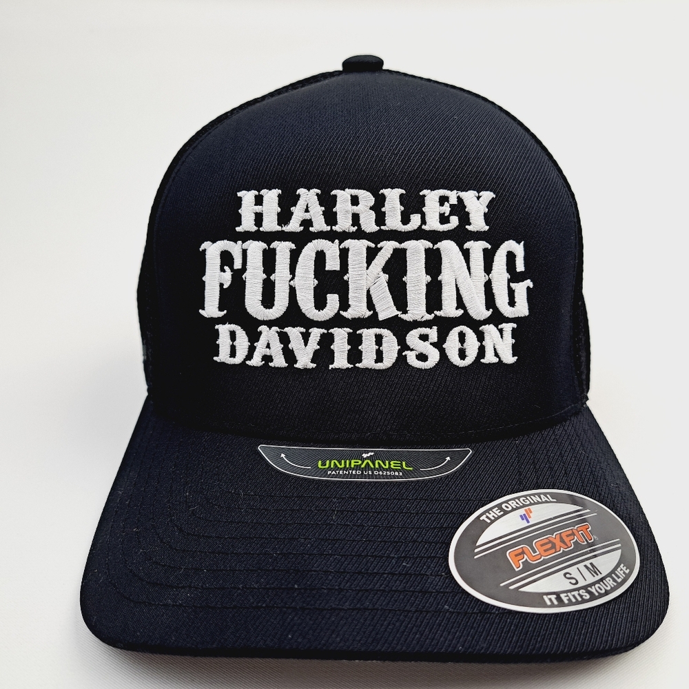 Harley Davidson Embroidered Flex Fit Fitted Cap Hat Black Mesh S/M